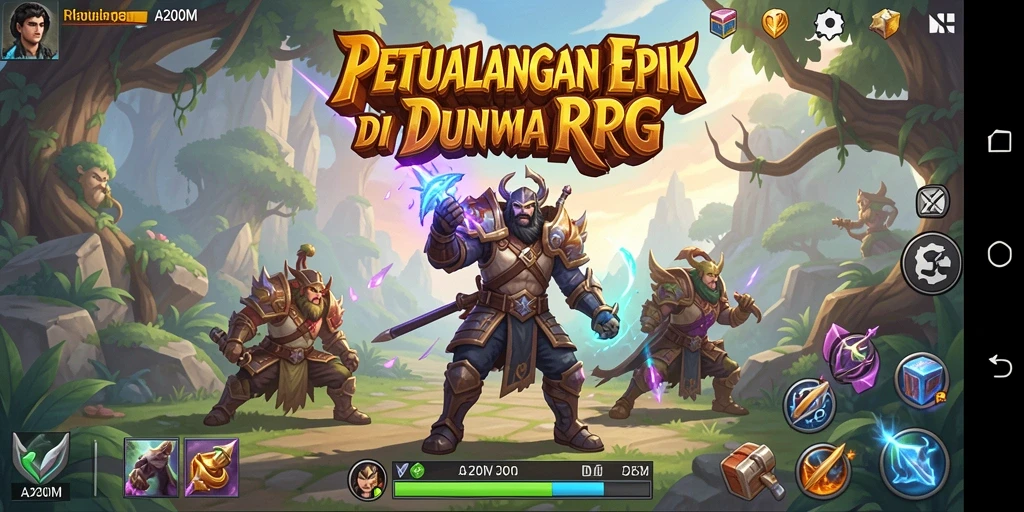 Screenshot A200M menampilkan aksi pertempuran epik dalam dunia RPG yang luas.