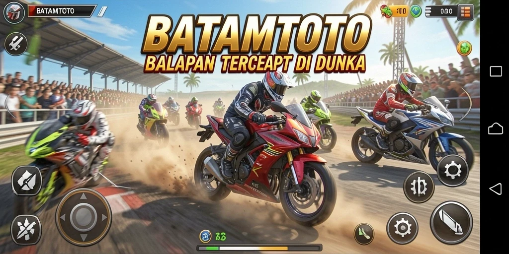 Tangkapan layar game BATAMTOTO menampilkan aksi balapan motor yang mendebarkan.