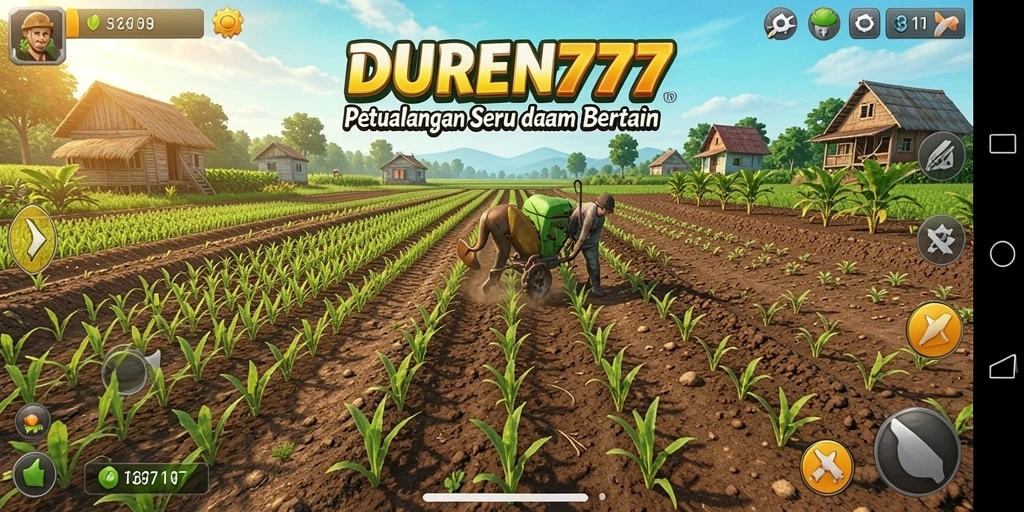 Screenshot gameplay DUREN777 yang menunjukkan ladang yang subur dan hewan ternak.