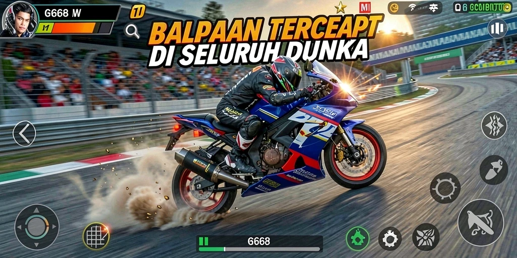 Screenshot G668 menunjukkan aksi balapan motor yang seru.