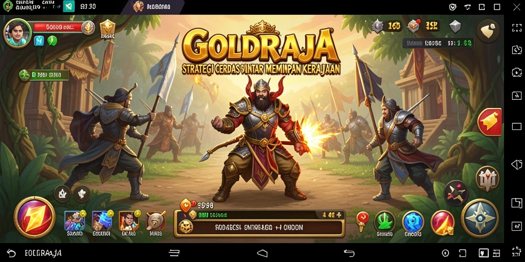 Screenshot utama GOLDRAJA yang memperlihatkan pertempuran strategis yang mendebarkan.