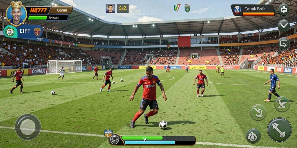 Screenshot gameplay HQ777 menampilkan momen intens dalam permainan sepak bola.