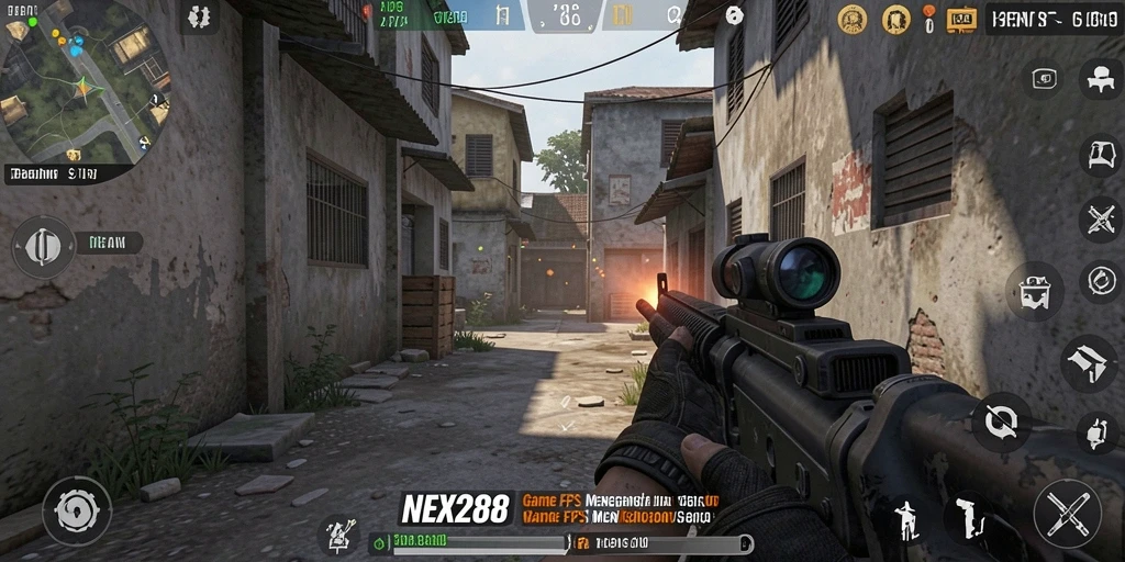Screenshot gameplay NEX288 menampilkan aksi tembak-menembak yang intens.