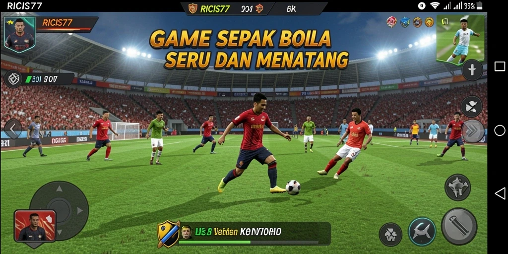 Screenshot gameplay RICIS77 yang menampilkan aksi pemain sepak bola.