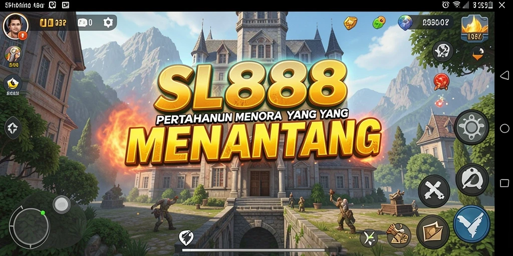 Tampilan screenshot SL888 menunjukkan menara bertahan melawan gelombang musuh.